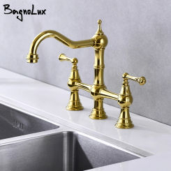 Polished Gold Kitchen Faucet 360 Swivel Spout Mixer Tap Kitchen Tap Double Leg Bridge Mixer Brass Lever Handles