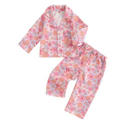 Kids Girls Pajamas Sets Floral Print Button up Long Sleeves Tops and Elastic Pants Loungewear Sleepwear
