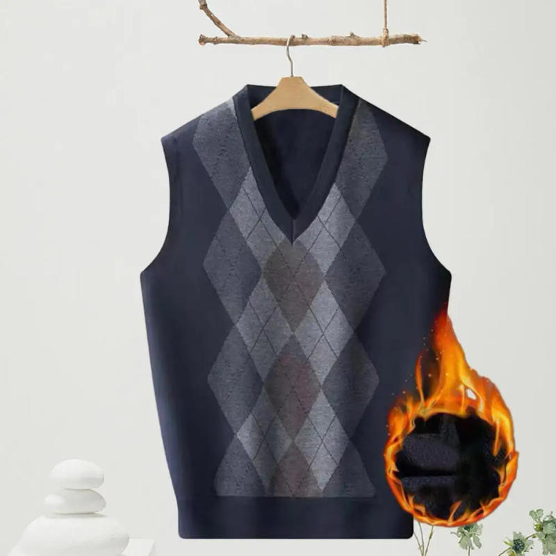 Description Picture 3 of itemMen Sweater Vest Men's Rhombus Print V-neck Sweater Vest Fall/winter Sleeveless Knitted Pullover with Applique for Spring