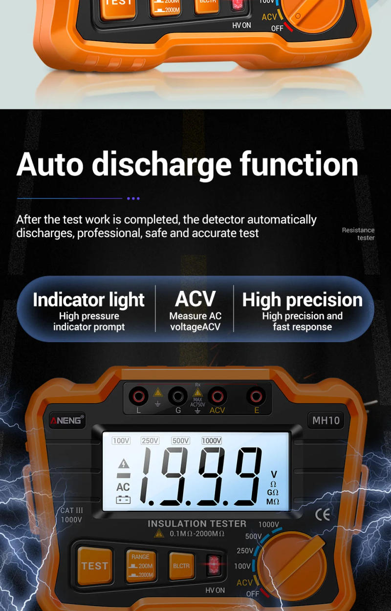 Description Picture 6 of itemANENG MH10 HD Digital Insulation Resistance Gauge Ohmer Testers 1000V Megometer Megohmmeter Ohm Test Auto Range Backlight Meters