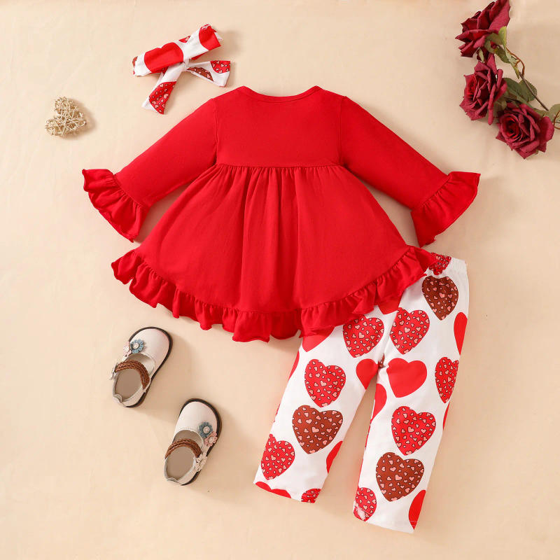 Description Picture 4 of itemValentine's Day Baby Girls' Clothing Set 0-3 Y Flare Sleeved Dress Top+Heart Printed Pants+Headband 3Pcs Toddler Outfit