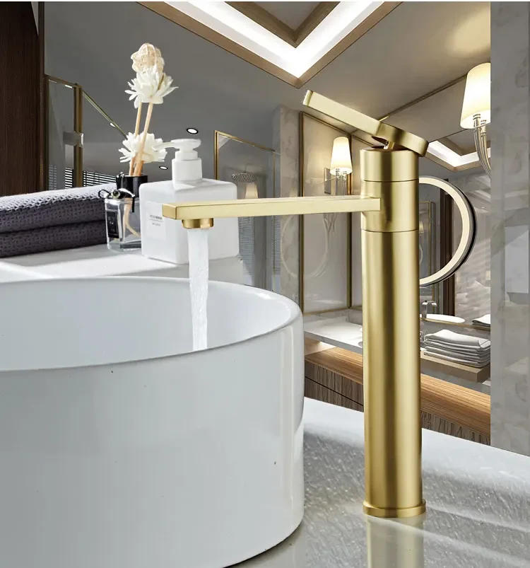 Description Picture 3 of itemBathroom Faucet Solid Brass Basin Cold And Hot Water Mixer Sink Single Handle Deck Mounted Brushed Gold Tap
