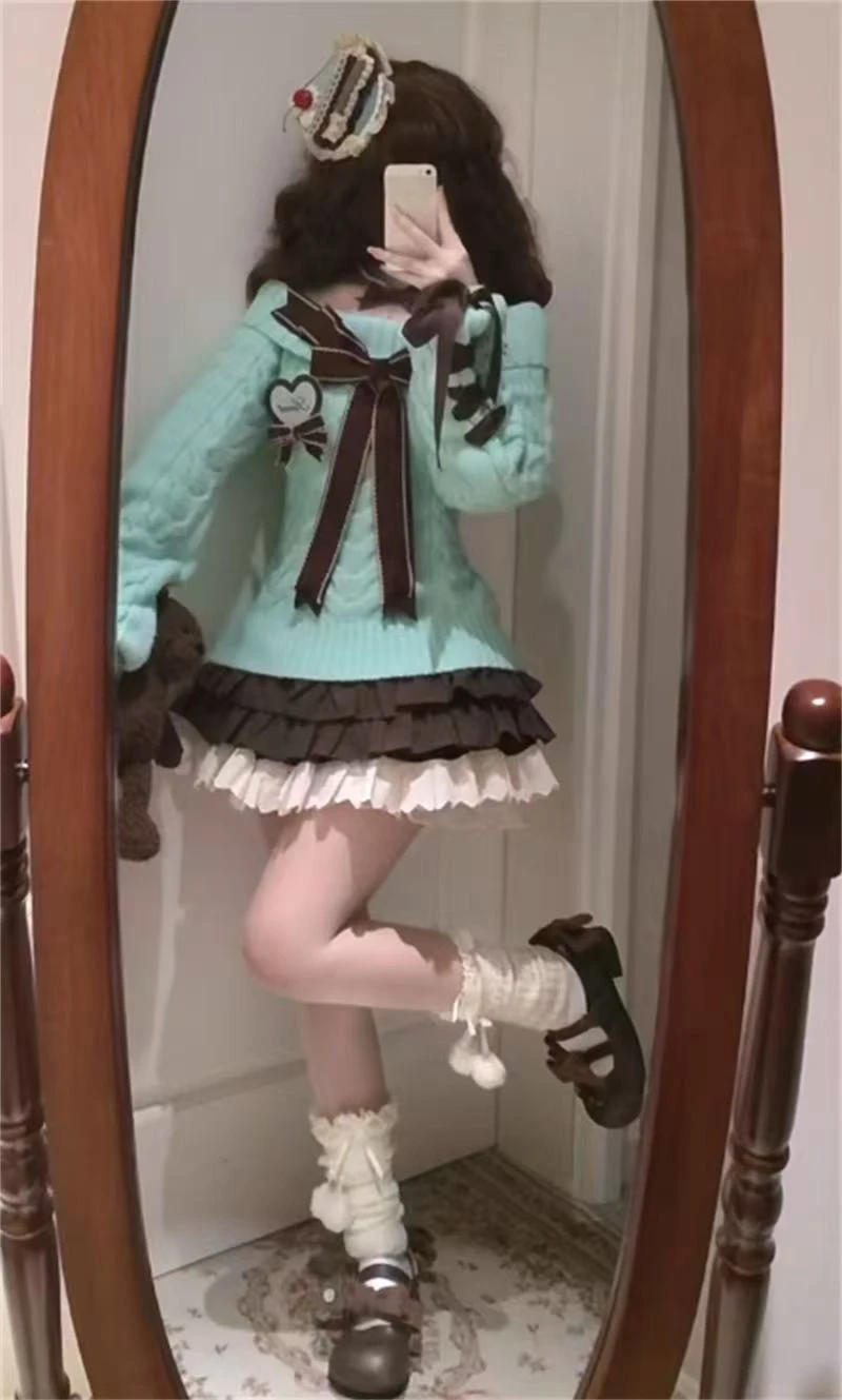 Description Picture 6 of itemY2k Aesthetic Slash Neck Twist Sweater Women Off Shlouder Sweet Bow Pullover Preppy Style Solid Slim Fit Kawaii Fairy Jumpers