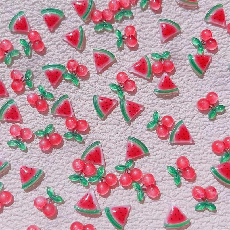 Description Picture 2 of item10Pcs 3D Resin Mini Cherry Watermelon Gems Nail Art Charms Sweet Fruit Flatback Jewelry Design Nail Decorations Rhinestones 10mm