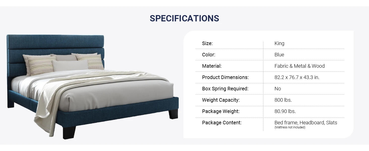 Description Picture 6 of itemKing Size Navy Blue Platform Bed Frame with Fabric Upholstered Headboard and Wooden Slats Support, Fully Upholstered Mattress