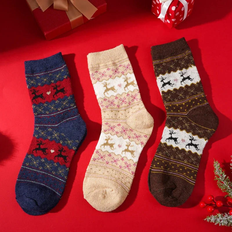 Description Picture 6 of item2Pairs Christmas Socks Women Winter Warm Angola Red Short Sock Comfort Soft Floor Slippers Non Grip Deer Sock Christmas Gift