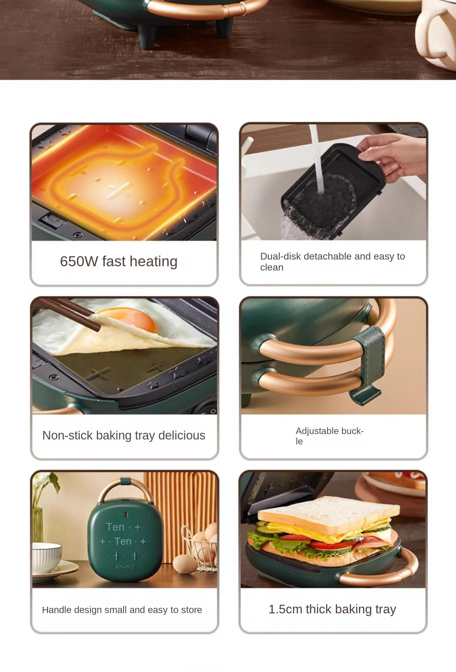 Description Picture 3 of item220V SUPOR Sandwich Maker with Non-Stick Plates, Compact Breakfast Machine for Toasted Sandwiches and More