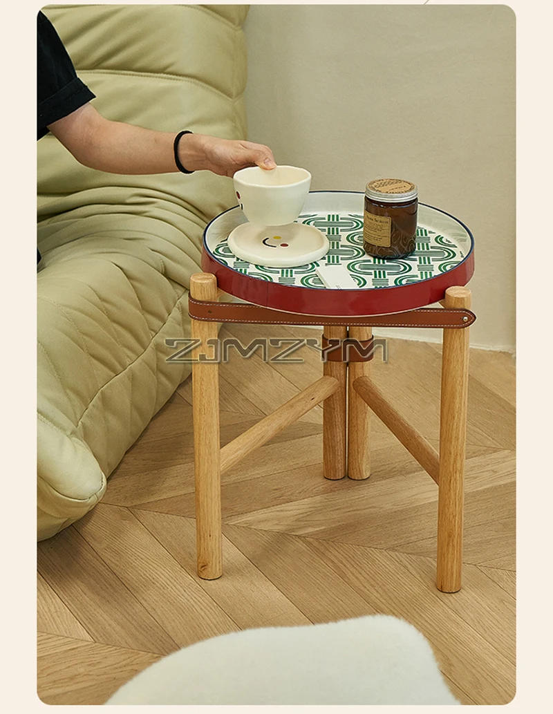 Description Picture 3 of itemRound Side Table with 40cm Ceramic Tray, Wood Stand End Table for Small Spaces, Nightstand for Living Room, Bedroom