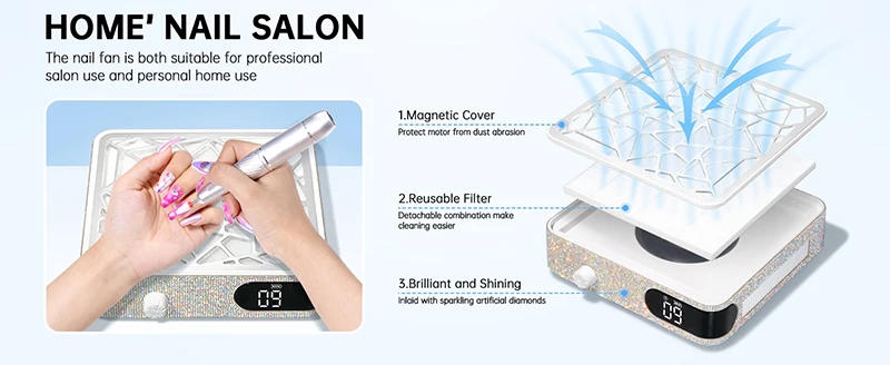 Description Picture 6 of itemNail Dust Collector with Rhinestones extractor de polvo para unas 48W Powerful Nail Dust Cleaner for Acrylic Gel Nail Polishing