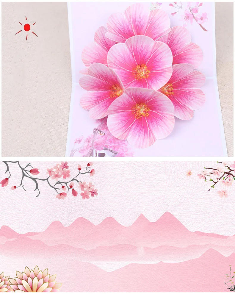 Description Picture 6 of itemPop up 3D greeting card peach blossom blooming card Valentine's Day color printing thank you blessings gifts wedding invitation