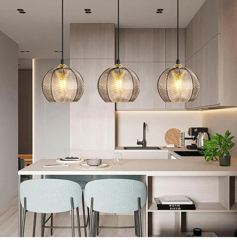 Description Picture 3 of itemStriped Glass Nordic Chandelier Modern Kitchen Island Pendant Light for Dining Room Bedside Home Decor Hanging Ceiling Lamps