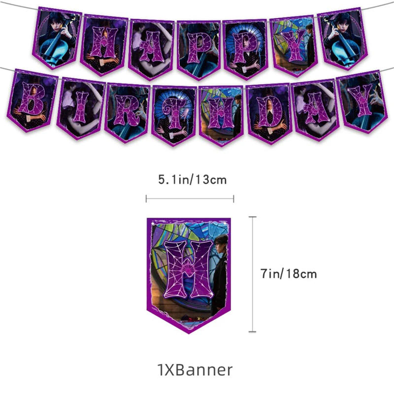 Description Picture 5 of itemWednesday Addams Birthday Decorations Party Supplies Cake Topper Party Decorations Happy Birthday Banner Latex Balloon