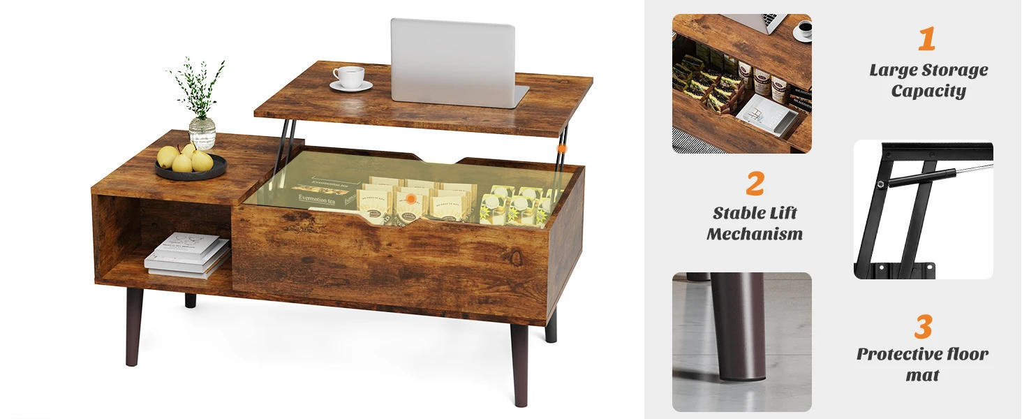 Description Picture 5 of itemCoffee Table Brown,Lift Top CoffeeTables for Living Room,Small Rising Wooden Dining Center Tables with Hidden Compartment