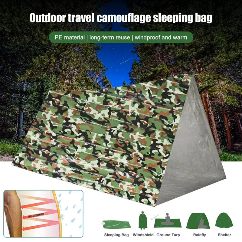 Description Picture 6 of itemPE Emergency Sleeping Bag Camouflage Waterproof Portable Survival 120x200cm Sleeping Bag for Outdoor Camping Hiking Adventure