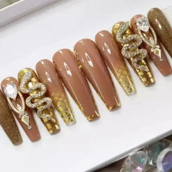 24Pcs Long Coffin False Nails with Glue Wearable Brown Fake Nails with Rhinestones Ballet Press on Nails Full Cover Nail Tips