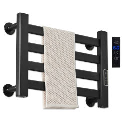 110V Black Electric Bathroom Towel Rack Heater Timer Temperature Control Towel Warmer Dryer Wall Mounted Hardwired and Plug in