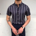 Short Business Striped Shirt Sleeve Slim Fit Hairstylist Shirts Men Office Tuxedo Stripe Shirt Social Plus Size 2023 Summer Men