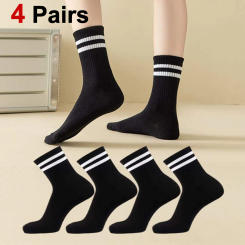 4 Pairs Women Mid Length Socks Simple Versatile Casual Black White Striped Breathable High-Quality Casual Round Neck Socks