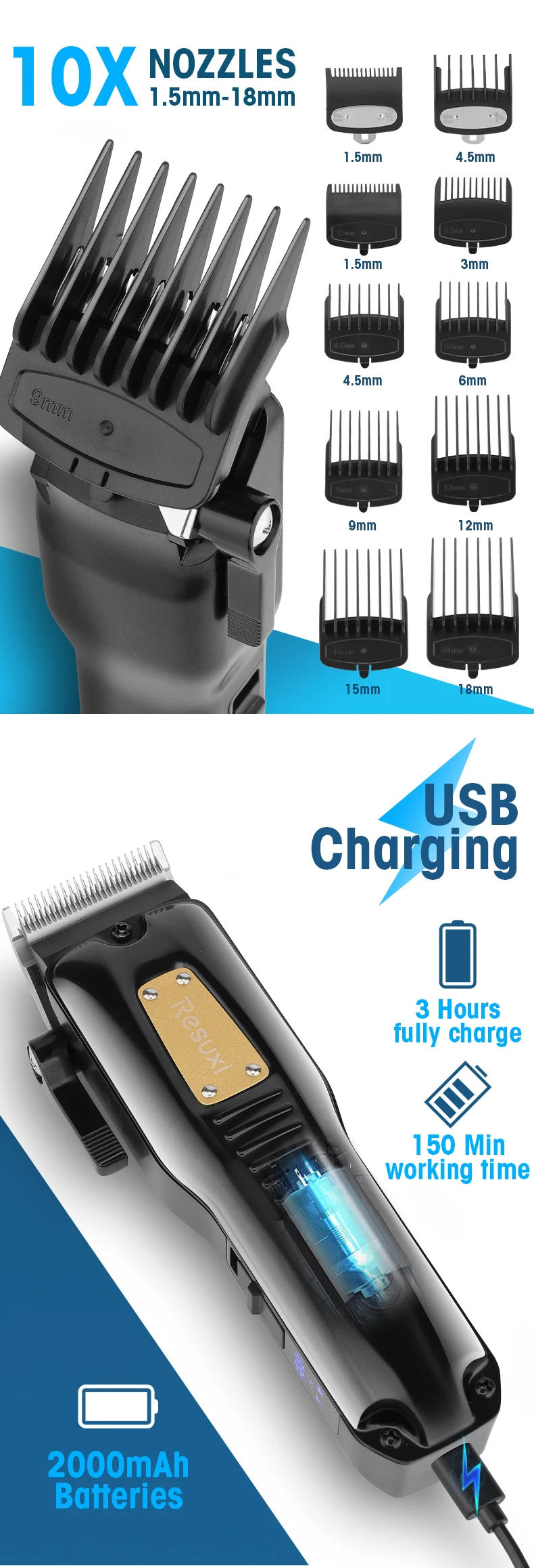 Description Picture 5 of itemRESUXI D9 High Power Oil Head Electric Trimmer Hair Salon Household HairClipper Men's Professional Electric Haircut Grooming Kit