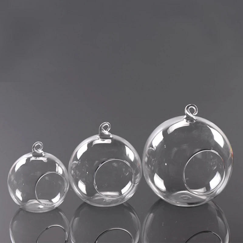 Description Picture 4 of item6/8/10cm Transparent Glass Candle Holder Flower Hanging Ball Vase Terrarium Tea Light Candlestick For Home Wedding Party Decor