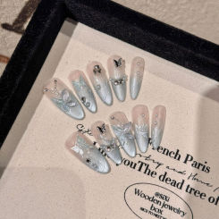 Handmade Press on Nails Gradient Blue Cat Eye Glitter Fake Nails Full Cover Wearable Glitter Fairy Butterfly Design False Nails