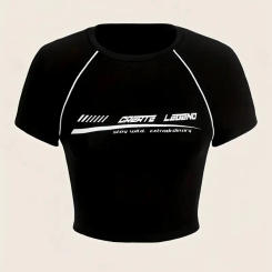 Monogram print crewneck crop top T-shirt, spring/summer casual short-sleeved top, women's