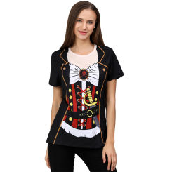 Women Pirate Costume Shirt Captain Cosplay Top Halloween Medieval Theme Party Lady O Neck Novelty 3D Graphic Slim Short Sleeve