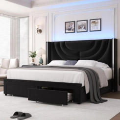 King-size upholstered LED bed frame with 2 storage drawers, velvet platform bed with wingback headboard，Black