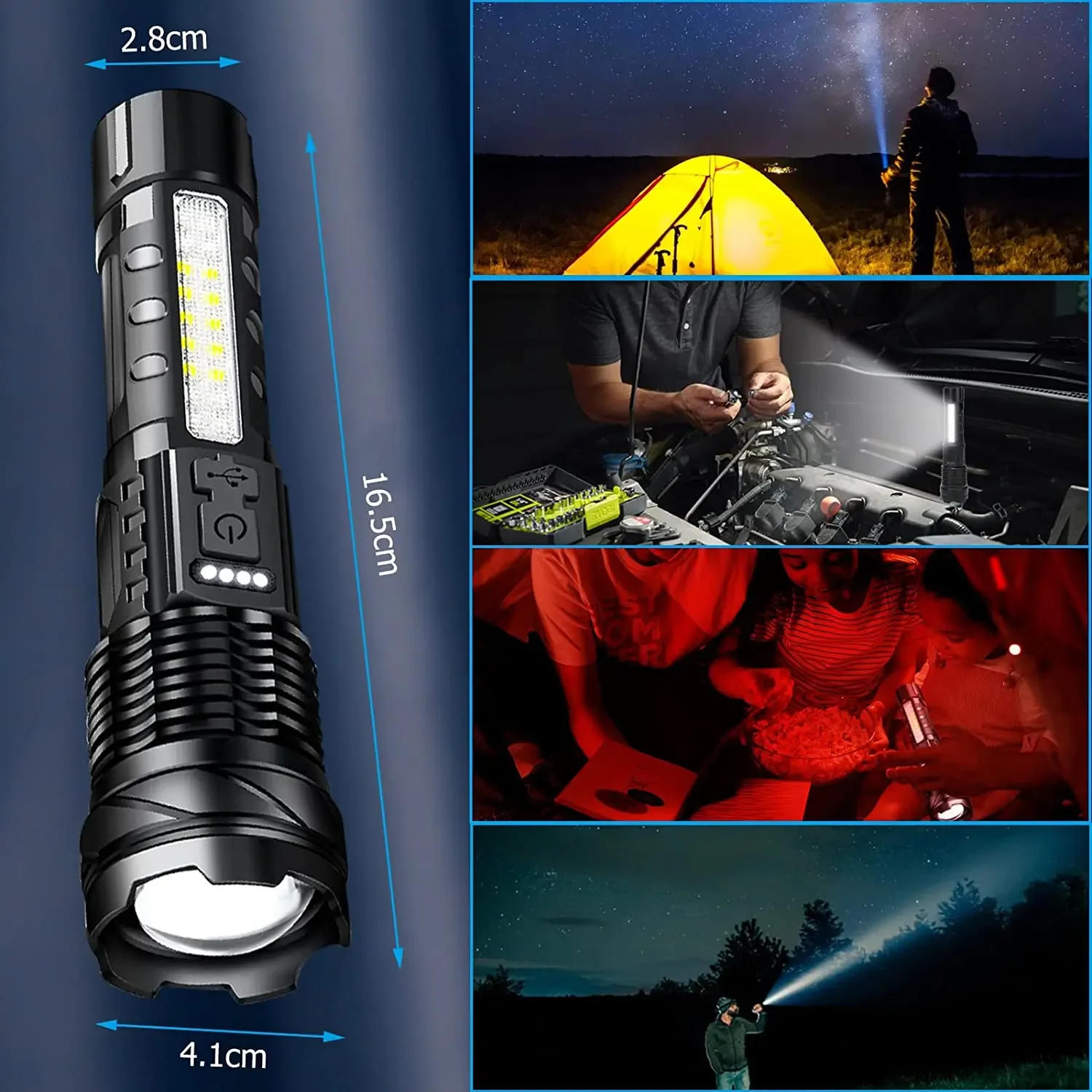 Description Picture 6 of item2 PCS Super Powerful Rechargeable Flashlight High Lumen Torch with Side Light for Outdoor Camping Fishing Hunting Climbing