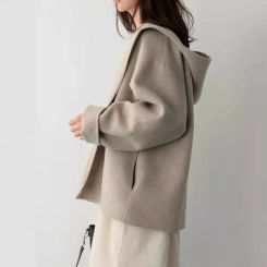 2024 Autumn/Winter New Women's Hooded Woolen Jacket Cropped Loose Fit Solid Color Petite Casual Woollen Overcoat