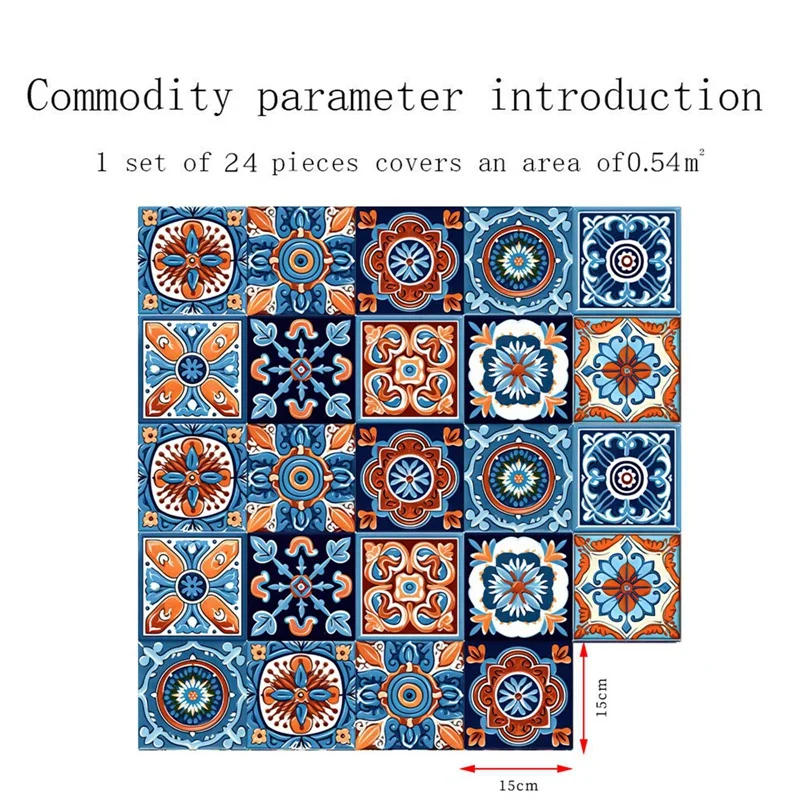 Description Picture 3 of item24 PCS Moroccan Style Tile Sticker DIY Murals Wall Backsplash For Kitchen Bathroom Furniture Staircase Home Decor Self Adhesive