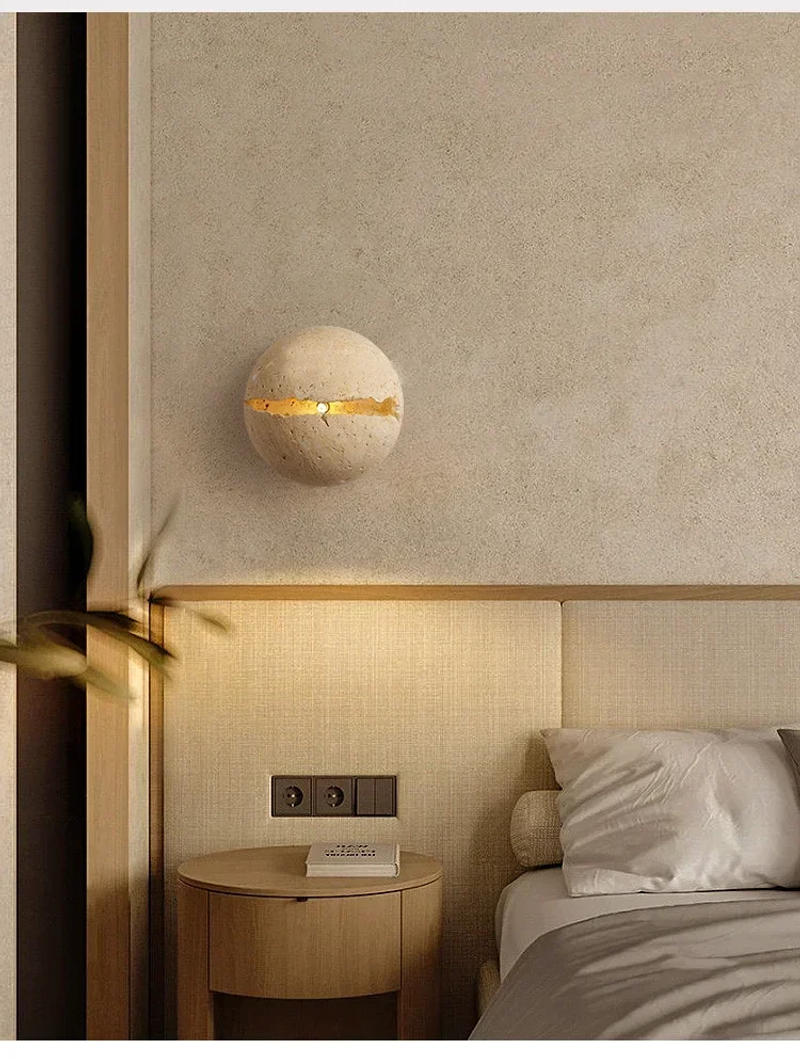 Description Picture 2 of itemRound Retro Dinosaur Egg Shape Natural Stone Art Wall Lamp Yellow Travertine Hemisphere Atmosphere Corridor Light Wall Sconces