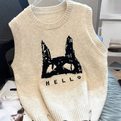 Lazy Style Pullovers Sleeveless Cartoon Jacquard Forked Sleeveless Contrast Color Sweater Vest Casual Loose 2024 Women Clothing