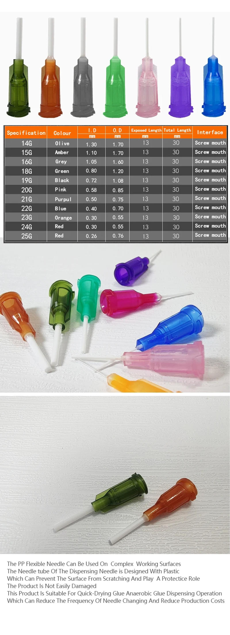 Description Picture 6 of item1/2 inch Screw Mouth Plastic PP Needle 14g-25g Flexible Industrial Dispensing Needle Tips
