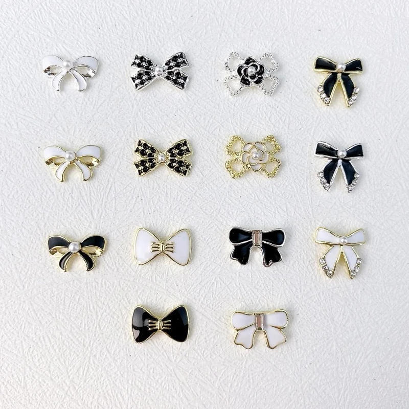 Description Picture 4 of item10PCS Luxury Japan Glossy Black White Pearl Floral Bow Tie Bowknot Alloy Nail Art Rhinestones Jewel Decorations Manicure Charms