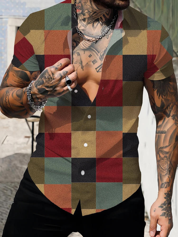 Description Picture 3 of itemMen's vintage geometric square pattern 3d printed summer shirt, short sleeve shirt top, outdoor activities, casual lapel loose