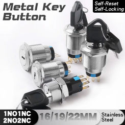 16MM 19MM 22MM Metal Rotary Key Button With Key Stainless Steel Self-Reset Self-Locking 2 Position 3 Position Button Switch