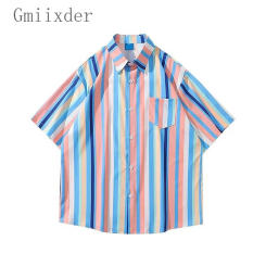 American Fashion gestreifte Kontrast gedruckt Kurzarmhemd koreanische Version 2024 Sommer lose und vielseitige Paar Hemd jacke