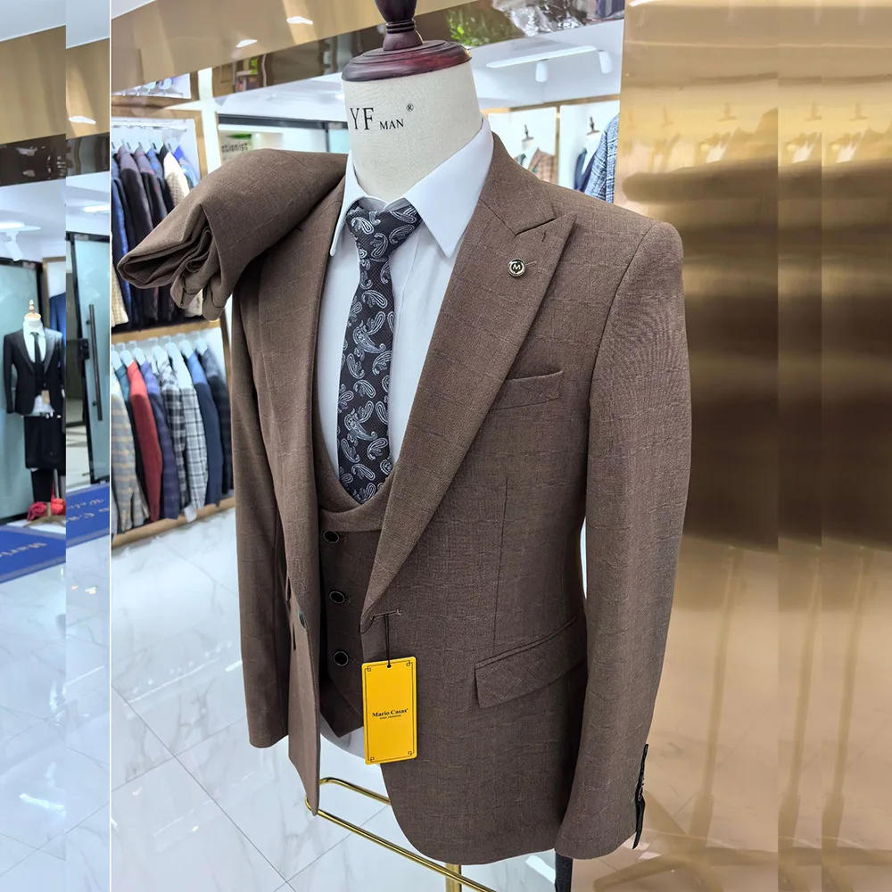 Description Picture 3 of itemElegant 3 Piece Jacket Pants Vest Male Clothing Peak Lapel One Button Slim Fit Regular Length Full Set Luxury Office Men's Suits