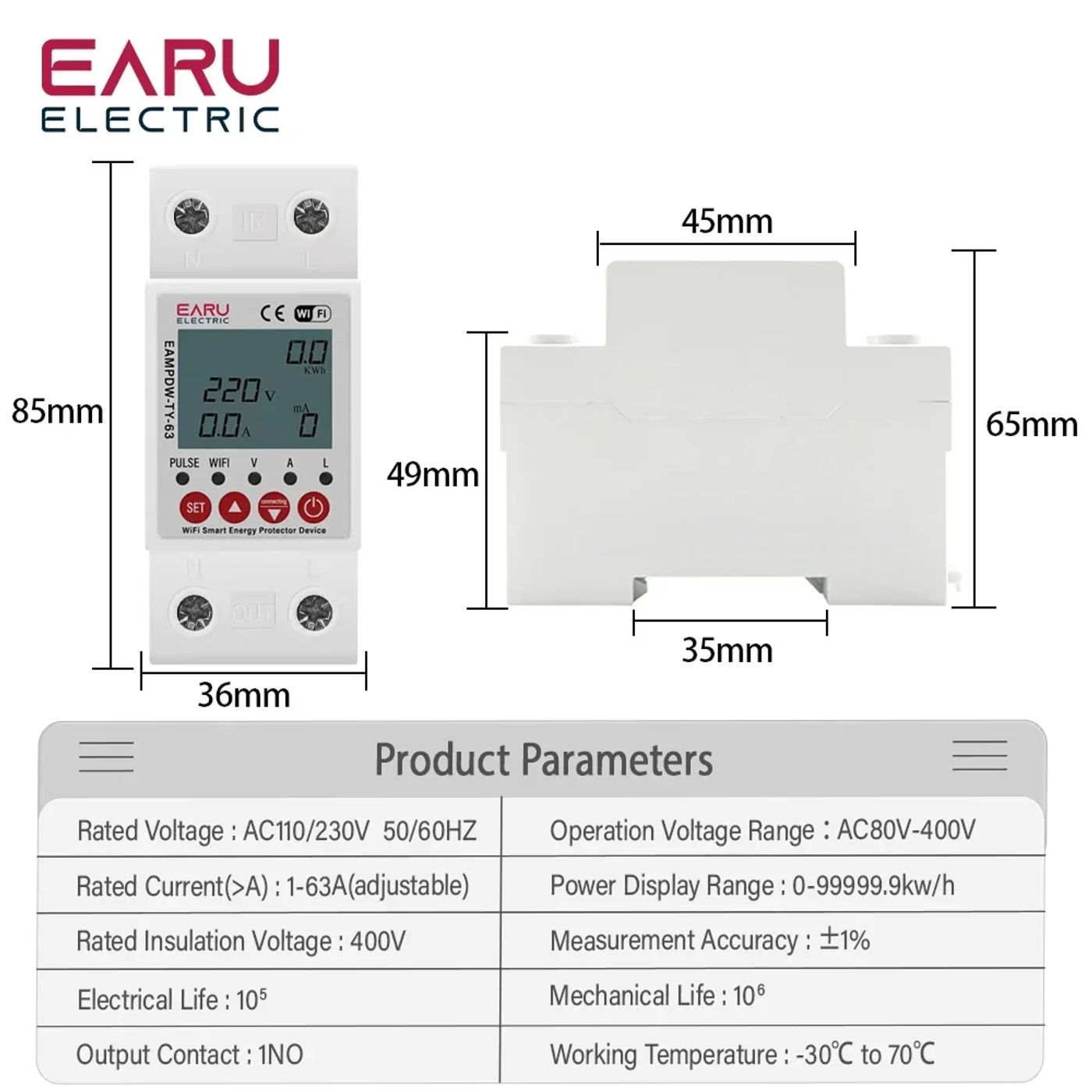 Description Picture 3 of item2P 63A TUYA APP WiFi Smart Circuit Earth Leakage Over Under Voltage Protector Relay Device Switch Breaker Energy Power kWh Meter