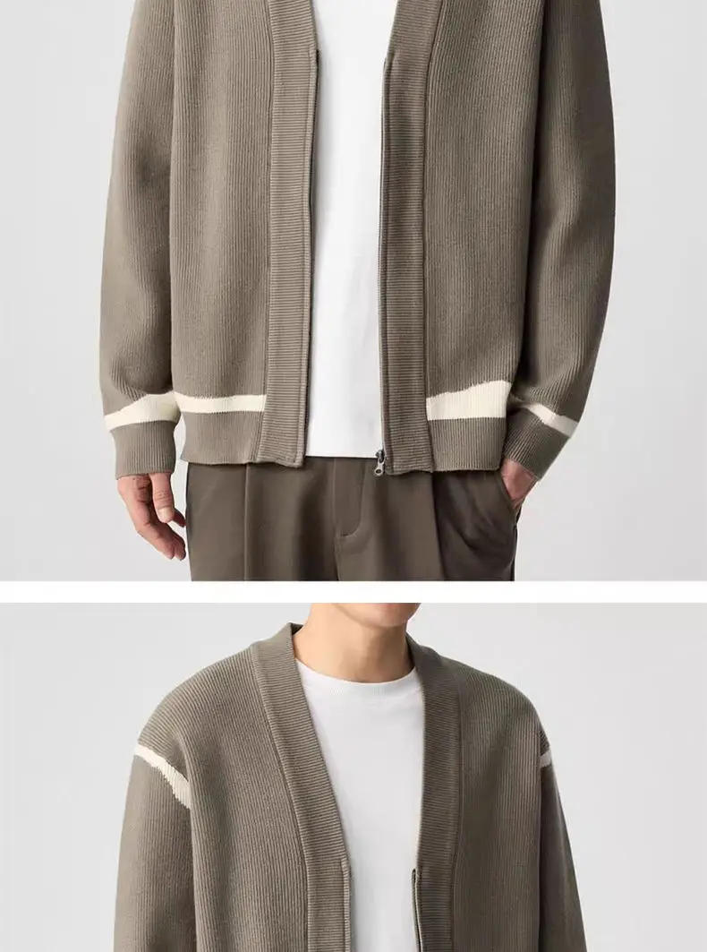 Description Picture 3 of itemAutumn Winter V-neck Contrasting Color Sweater Cardigan Men's Warm Loose Casual High Street Sweaters Men Tops Male Clothes