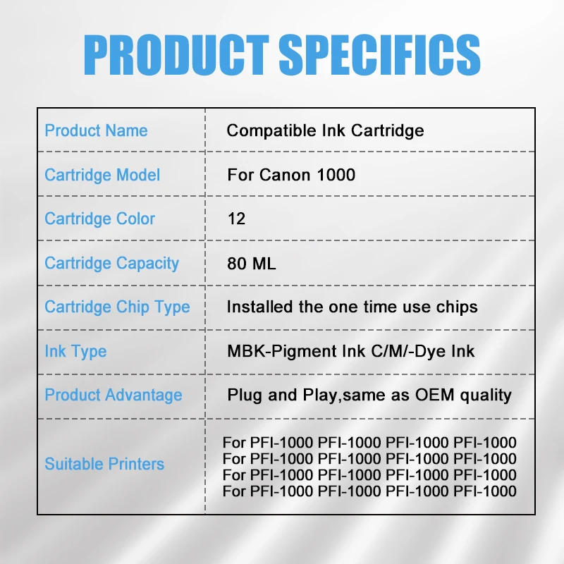 Description Picture 3 of itemFor Canon PFI 1000 Compatible Ink Cartridge With Chip Pigment Ink For Canon imagePROGRAF PRO-1000 PRO1000 Printer Ink Tank