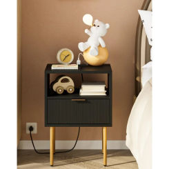 Nightstand with Charging Station,Small Bedside Table with Gold Frame,Black Night Stand,Bedside Furniture