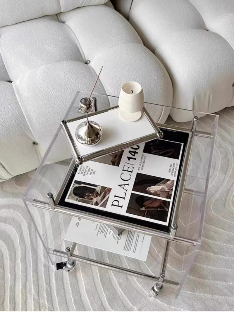 Description Picture 2 of itemIns Style Coffee Table Acrylic Tea Table for Living Room Glass Side Table Storage Cabinet Trolley with Wheels Home Furniture