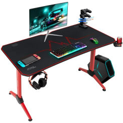 43 Inches Gaming Desk Y-Shaped Metal Frame Gaming Desk with Cup Holder and Headphone Hook, Red