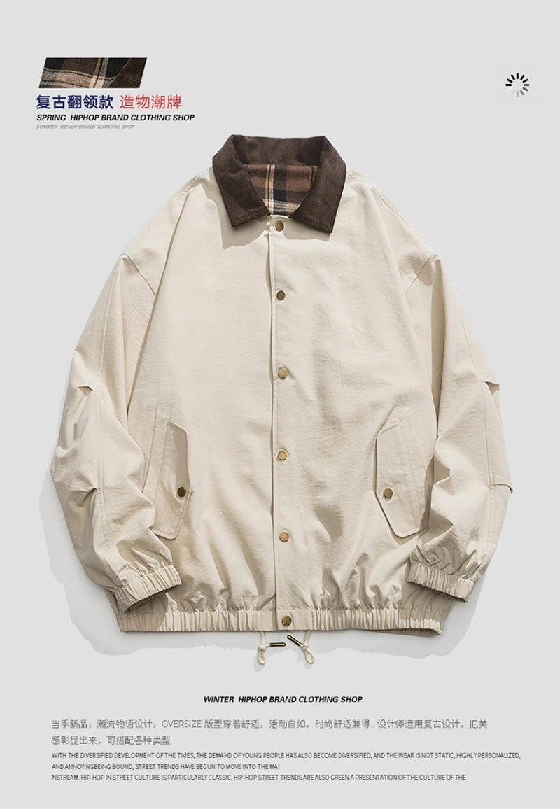 Description Picture 2 of itemMen Jacket Vintage Spring Autumn Windbreaker Coat Retro Fashion Men's Clothing Casual Loose Lapel Jacket High Quality Streetwear