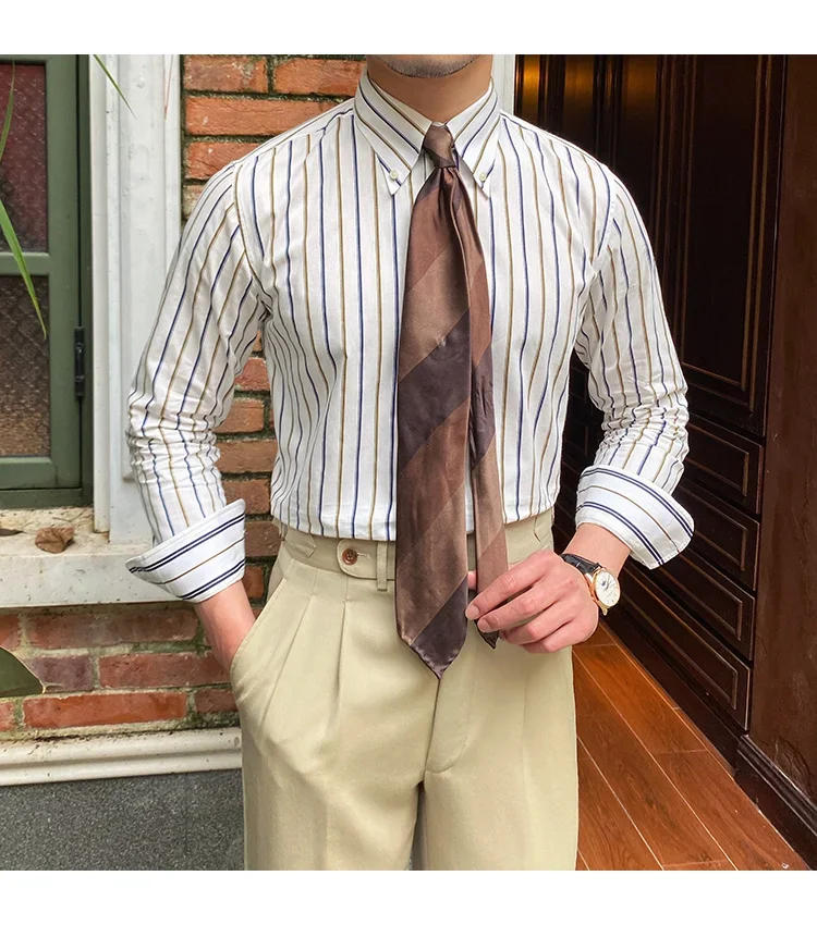 Description Picture 6 of itemSummer Men Color Contrast Striped Shirt Long Sleeve Slim Hairstylist Shirts Men Office Tuxedo Stripe Shirt Social Herren Hemd