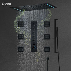Qlonn Hot and Cold Black Shower System Ceiling Music LED Shower Head Golden Bathroom Faucets Multi Functions Concealed Mixer Tap