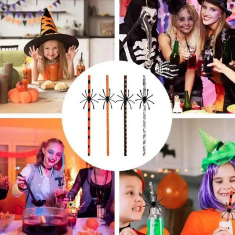 Description Picture 5 of item20/50pcs Paper Halloween Spider Straw Printed Dot Pattern Three-dimensional Halloween Party Straw Disposable Eco-friendly
