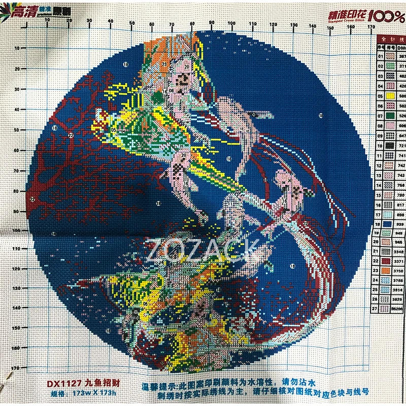 Description Picture 2 of itemCross stitch kits Embroidery needlework sets 11CT water soluble canvas printed patterns 11CT Nine Fish Lucky Home Decor